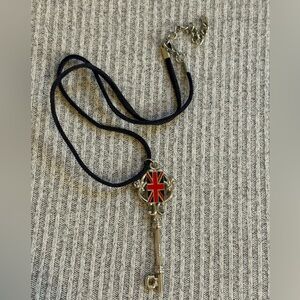 BBC signed Doctor Who theme silver tone key necklace with UK flag on black cord